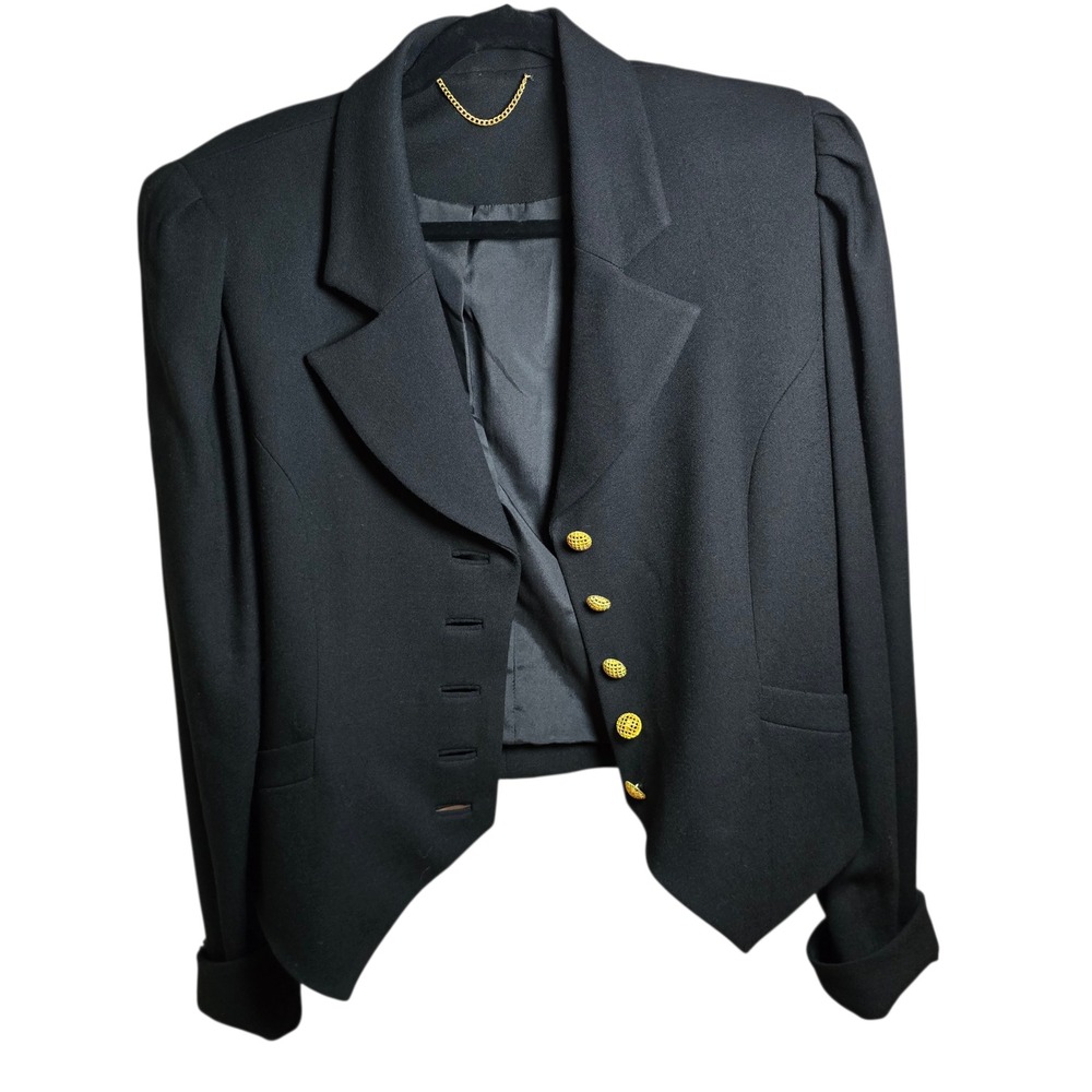 Doncaster Black Tailored Wool Jacket Gold Button Cropped Blazer Made in‎ USA - Picture 3 of 10